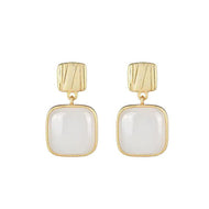 Moonstone Earrings with Silver Pin | Square Gold Gemstone Drop Earrings | 4 Color Available