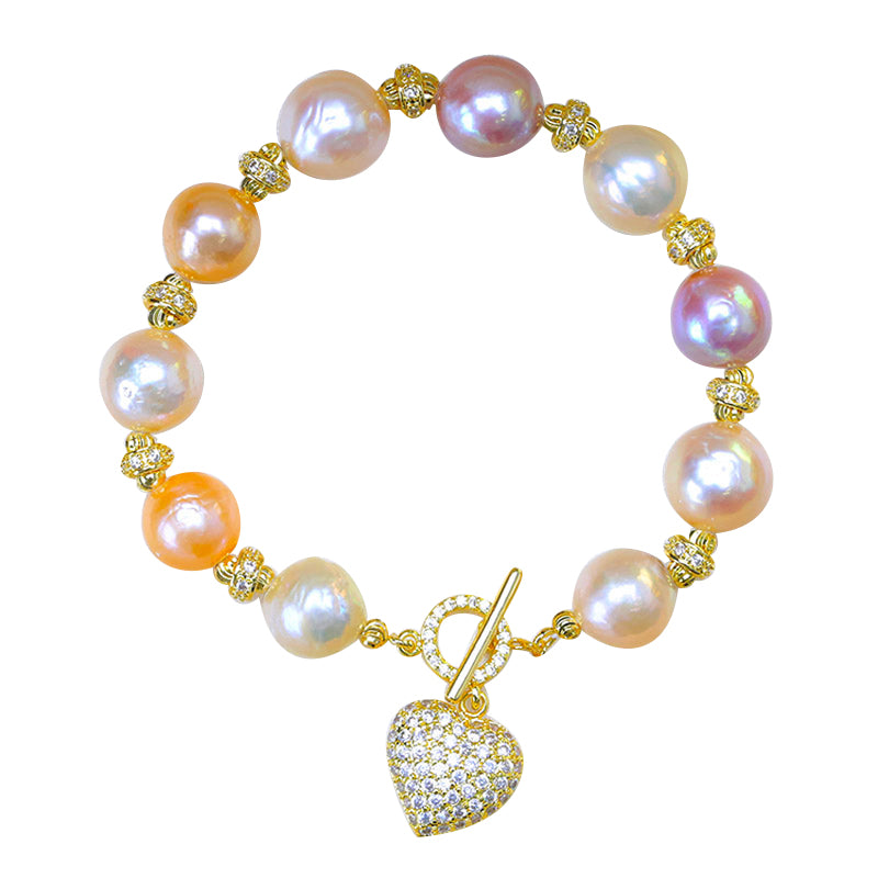 Pink Luster Pearl Bracelet with Silver Heart Charm