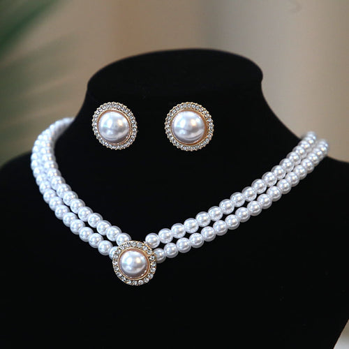 Vintage Pearl Wedding Jewelry Sets | Multi Strand Pearl Necklace | Large Pearl Stud Earrings for Women