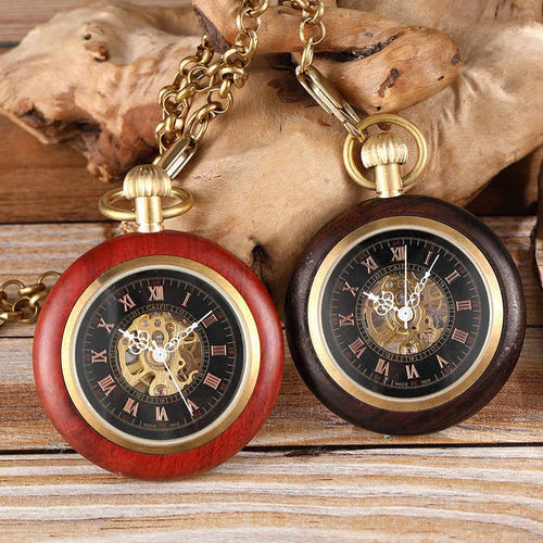 Wood Roman Numeral Mechanical Pocket Watch | Vintage Style Pocket Watch |  Roman Grain Gold Chain Pocket Watch 3 Color Available