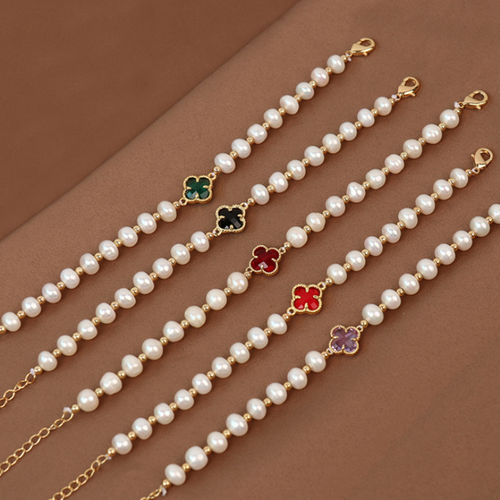 Four Leaf Clover Pearl Bracelet | Dainty Baroque Pearl Bracelets For Weddings | Pearl And Gold Bracelet