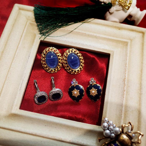 Bohemian Vintage Earrings with Opal French Royal Blue Stud
