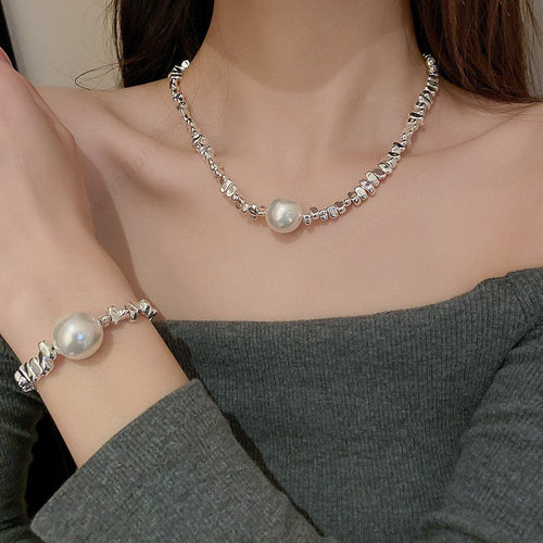 Irregular Pearl Necklace and Bracelet Set | Pearl and Chain Necklace | Silver and Pearl Bracelet