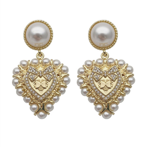 Gold Heart Drop Earrings | Large Pearl Drop Earrings in 14K Gold Plated