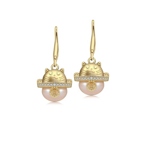 Fortune Cat Theme Freshwater Cultured Pearl Drop Earrings in 14K Gold Over Sterling Silver
