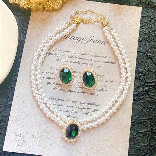 Pearl Necklace and Earring Set | Multi Strand Pearl Necklace Emerald Stud Earrings in a Jewelry Set