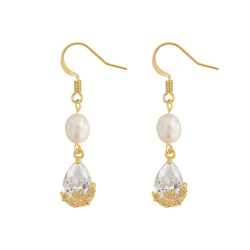 Diamond Pearl Dangle Earrings | Real Pearl Earrings | Freshwater Pearl Earrings with Shepherd Hook