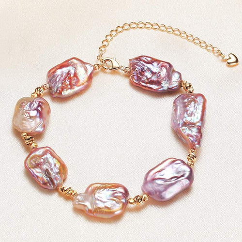 Pink Baroque Pearl Bracelet | Vintage Style Cultured 13-14mm Baroque Bracelet | Adjustable 14k Gold Plated Bracelet