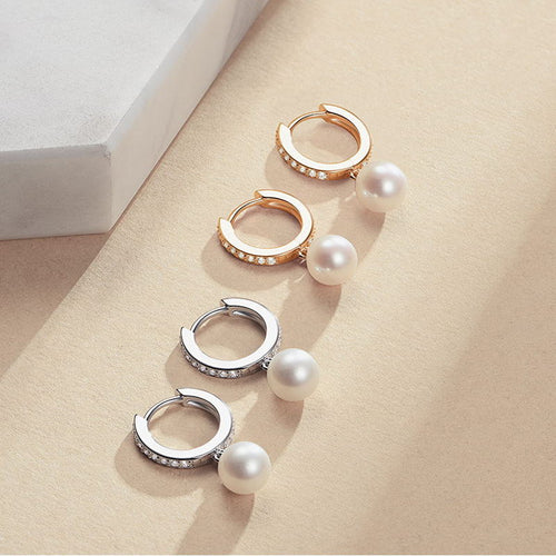 Pearl Drop Earrings | Pearl Huggie Earrings | Freshwater Pearl Earrings in Sterling Silver (8-9mm)