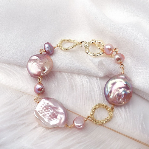 [Boxing Day Special] Real Baroque Pearl Bracelet OT Clasp in 14k Gold Over Sterling Silver 6.7