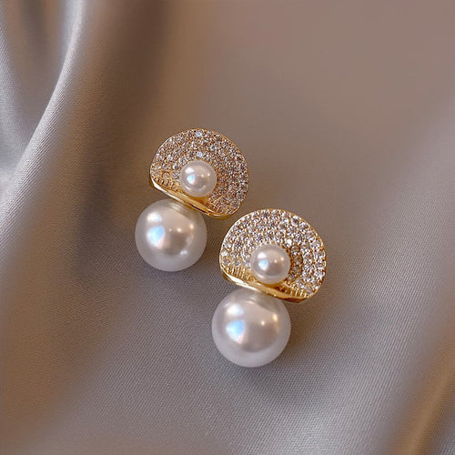 Diamond Pave Pearl Drop Earrings | Pearl and Diamond Earrings with Sterling Silver Pins (12mm)