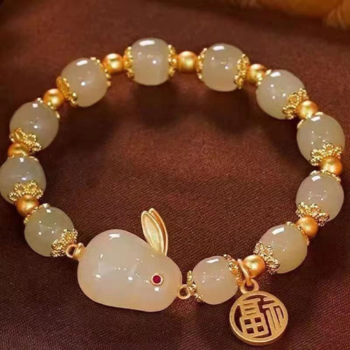 8MM Natural Jade Rabbit Bracelet | Adjustable Size Green Bracelet with 14K Plated Golden Floral Edges | Lucky Rabbit Bracelet for Women