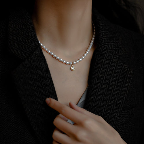 Classic Real Pearl Necklace | Freshwater Oval Shape Pearl Necklace with Crystal Pendant | Pearl Necklace Strand