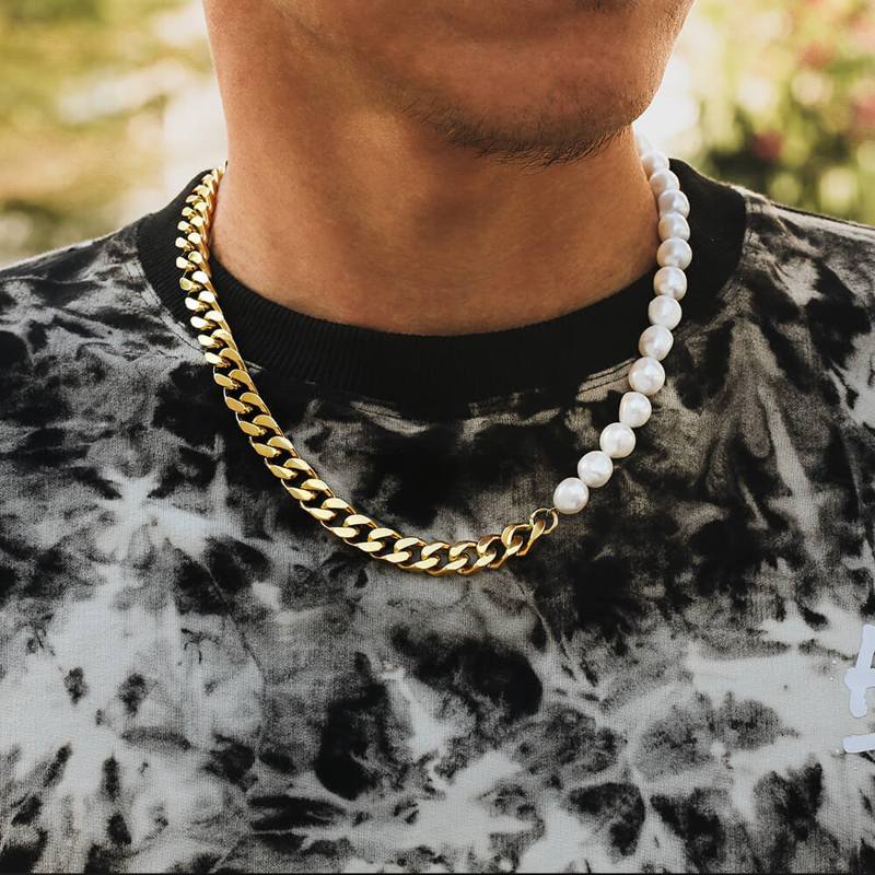 Buy Mens Pearl and Gold Necklace, Mens Necklace, Gold Chain Man, Shell Pearl  Chain, Half Pearl Half Cuban Link Chain Choker Man Jewelry Online in India  - Etsy