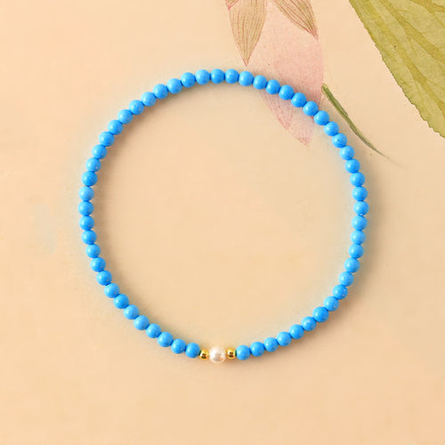 Turquoise Bracelet  | Elegant Blue Stone Bracelet  | Female Power Gemstone Beaded Elastic Rope Bracelet with Pearl Clasp
