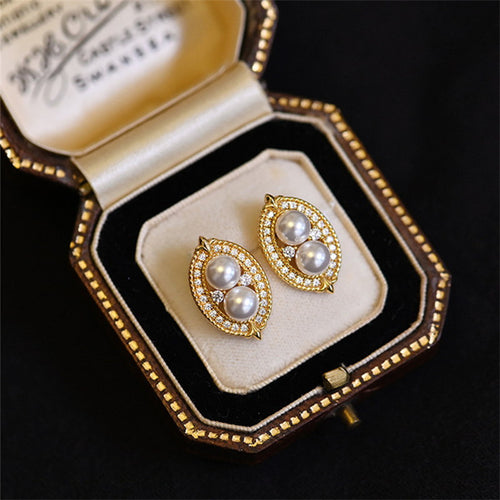 Pearl Stud Earrings | Double Pearl Stud Earrings | Pearl Diamond Stud Earrings in 14K Gold over Sterling Silver (7mm)