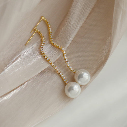 Freshwater Pearl Earrings | Diamond Pearl Dangle Earrings | Real Pearl Earrings (5-6 mm)