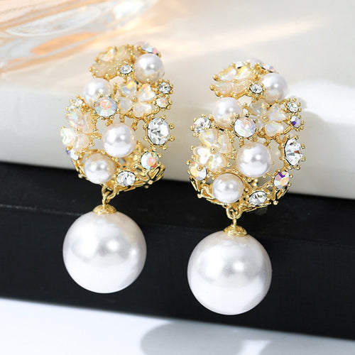 Cluster Pearl Drop Earrings | Diamond Pearl and Diamond Drop Earrings with Sterling Silver Pins (12-14 mm)