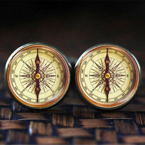Ancient Compass Time Gem Cuff links French Men's Shirt Sleeve Studs