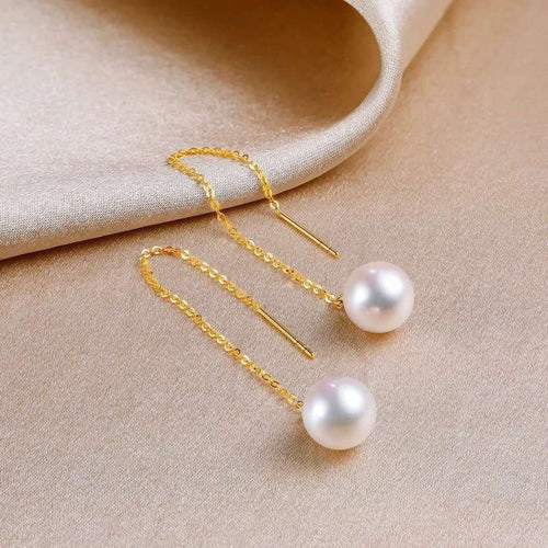AAA Freshwater Pearl Drop Dangle Earrings | 18K Gold Linear Pearl Earrings with Long Tassel 925 Silver for Women (5-6mm)