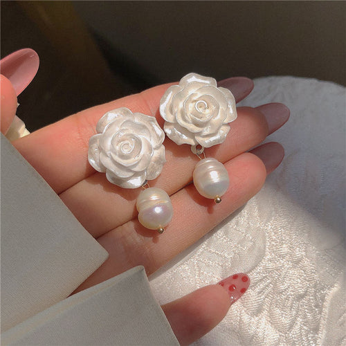Pearl Drop Earrings | White Camellia Earrings | Real Pearl Earrings with Sterling Silver Pins
