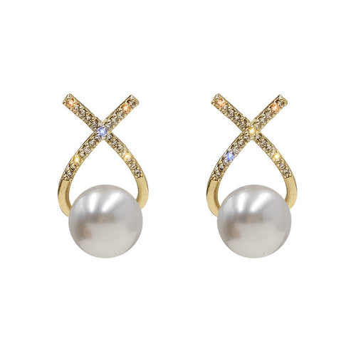 Ribbon Pearl Earrings | Pearl Diamond Earrings | Pearl Drop Earrings with Sterling Silver Pins (8-9mm)