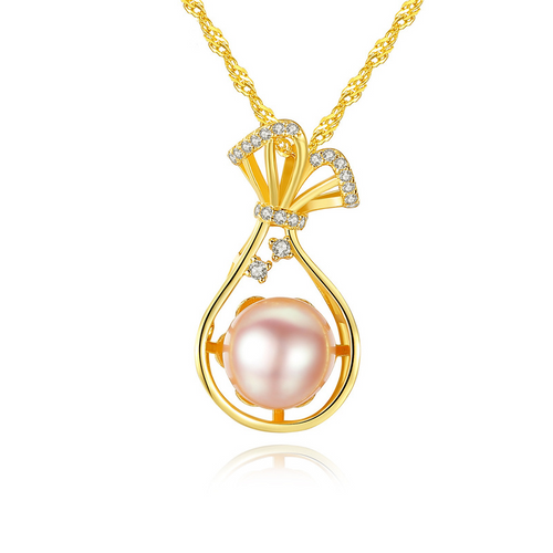 Freshwater Pearl and Diamond Pendant Necklace in 14K Gold Over Sterling Silver (7-8mm)