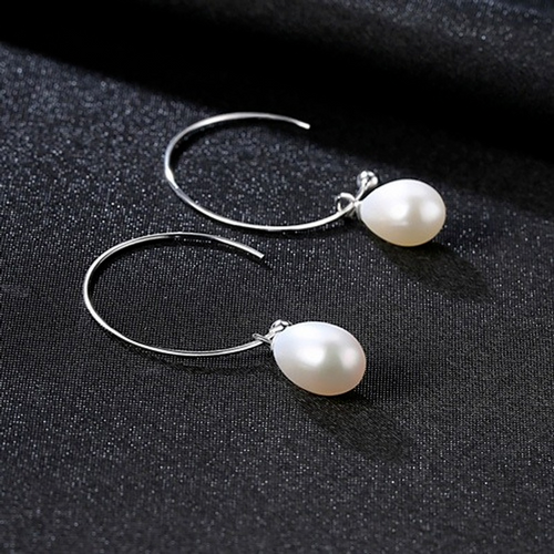 Big Silver Hoop with Pearl Drop Earrings AAA Freshwater Cultured Pearl Hoop Earrings in Sterling Silver（8mm）