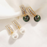 12mm Pearl Drop Earrings with Crystal in 14K Gold Hoop ( Black and White Available)