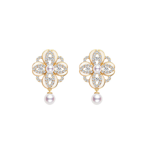 Flower Pearl Diamond Earrings | Vintage Pearl Drop Earrings | Crystal Pearl Drop Earrings in 18K Gold over Sterling Silver