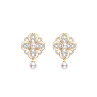 Flower Pearl Diamond Earrings | Vintage Pearl Drop Earrings | Crystal Pearl Drop Earrings in 18K Gold over Sterling Silver