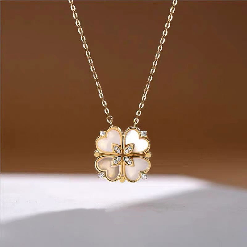 CZ Four Leaf Heart Shaped Clover Necklace Silver - Eleganzia Jewelry