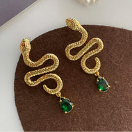 Snake Earrings | Gold Snake Earrings with Emerald Crystal | 14K Gold Plated Earrings