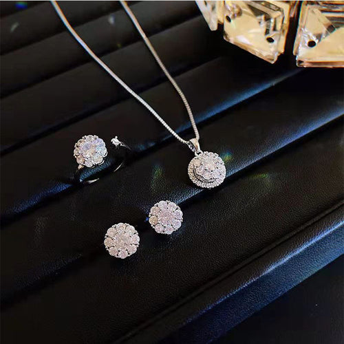 Rotate Zirconia Jewelry Set | Spinning Zirconia Earrings, Pendant and Ring | Zirconia Jewelry Set with White Silver Plated