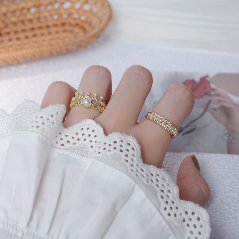 Gold Flower Ring Bridal Pearl Ring Adjustable Ring Large 