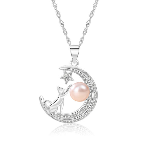 Sterling Silver Moon Pendant | Cat Pendant Necklace | Moon and Star Pendant with Freshwater Pearl (7mm)