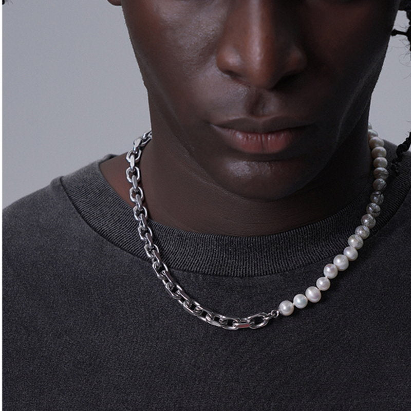Mens Freshwater Pearl Necklace Chain Splicing Pearl Necklace Men Half Pearl Half Chain Necklace for Men