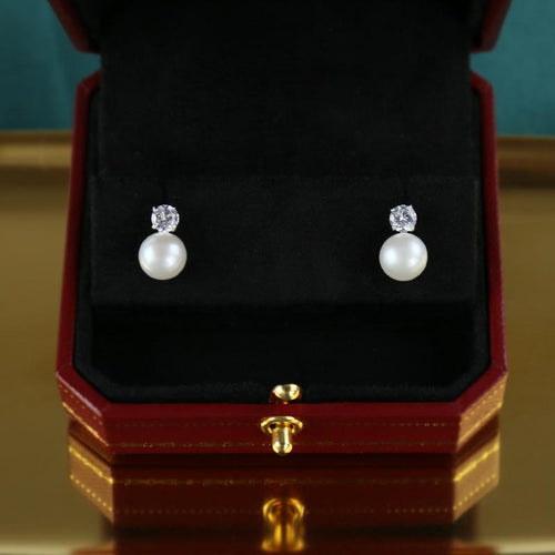 White pearl diamond earrings stud | real pearl earrigns | freshwater pearl earrings
