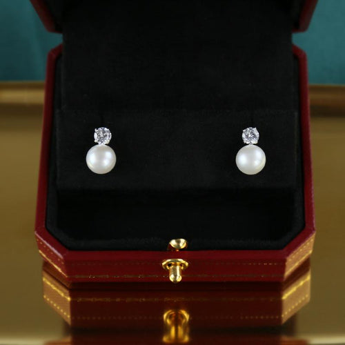 White pearl diamond earrings stud | real pearl earrigns | freshwater pearl earrings