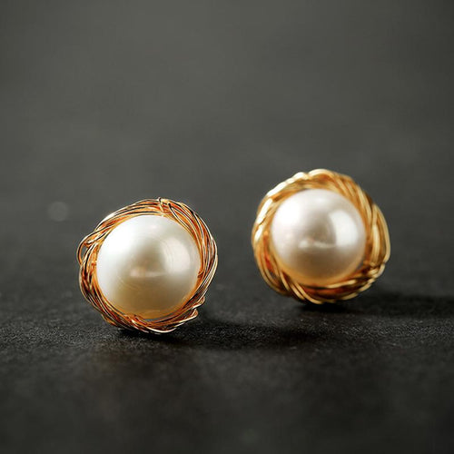 18K Gold  Freshwater Big Pearl Handcraft Round Earrings
