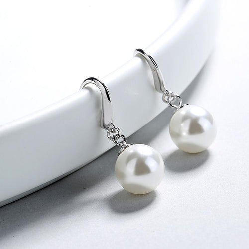 White Round Pearl Dangle Drop Earrings for Women in Sterling Silver（10mm）