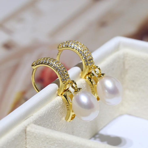 Freshwater Cultured Pearl and Diamond Hoop Earrings in 14K Gold Over Sterling Silver（8-9mm）