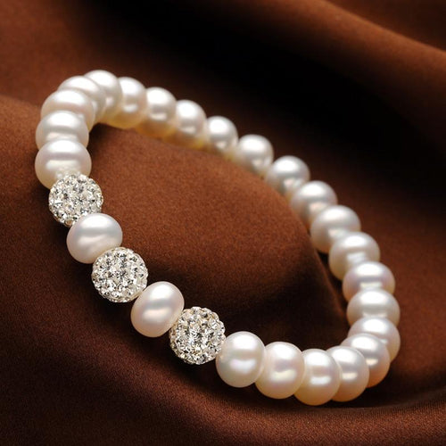 8–9 mm Süßwasser-Zuchtperlen-Armband mit Kristallkugel, verstellbares Armband