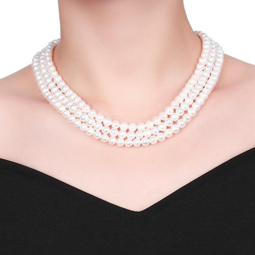 Classic 7-8 mm Cultured Freshwater Multi Strand Round Pearl Necklace 3 Strand Necklace with Silver Settings