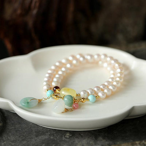 8-9mm White Cultured Pearl Double Strand Bracelet Lucky Jade Bracelet in 14K Gold Over Sterling Silver