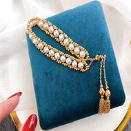 Knit Real Freshwater Pearl Bracelet Rose 14K Gold | Dainty Pearl Bracelets For Weddings | Multi Strand Pearl Bracelet