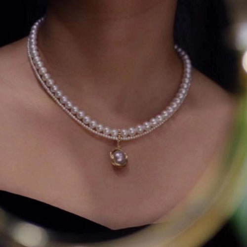 8-9 mm große Halskette mit Anhänger aus Süßwasser-Zuchtperlen, doppelreihig, 14 Karat Gold über Sterlingsilber