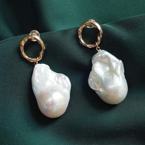 15-16mm AAA Big Baroque Pearl Earrings Saltwater Real Pearl Drop Earrings with Gold Clasp White Pearl Wedding Earrings